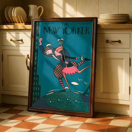 The New Yorker August 1926 Cover Poster, Art Deco Harlequin Teal Vintage Wall Art