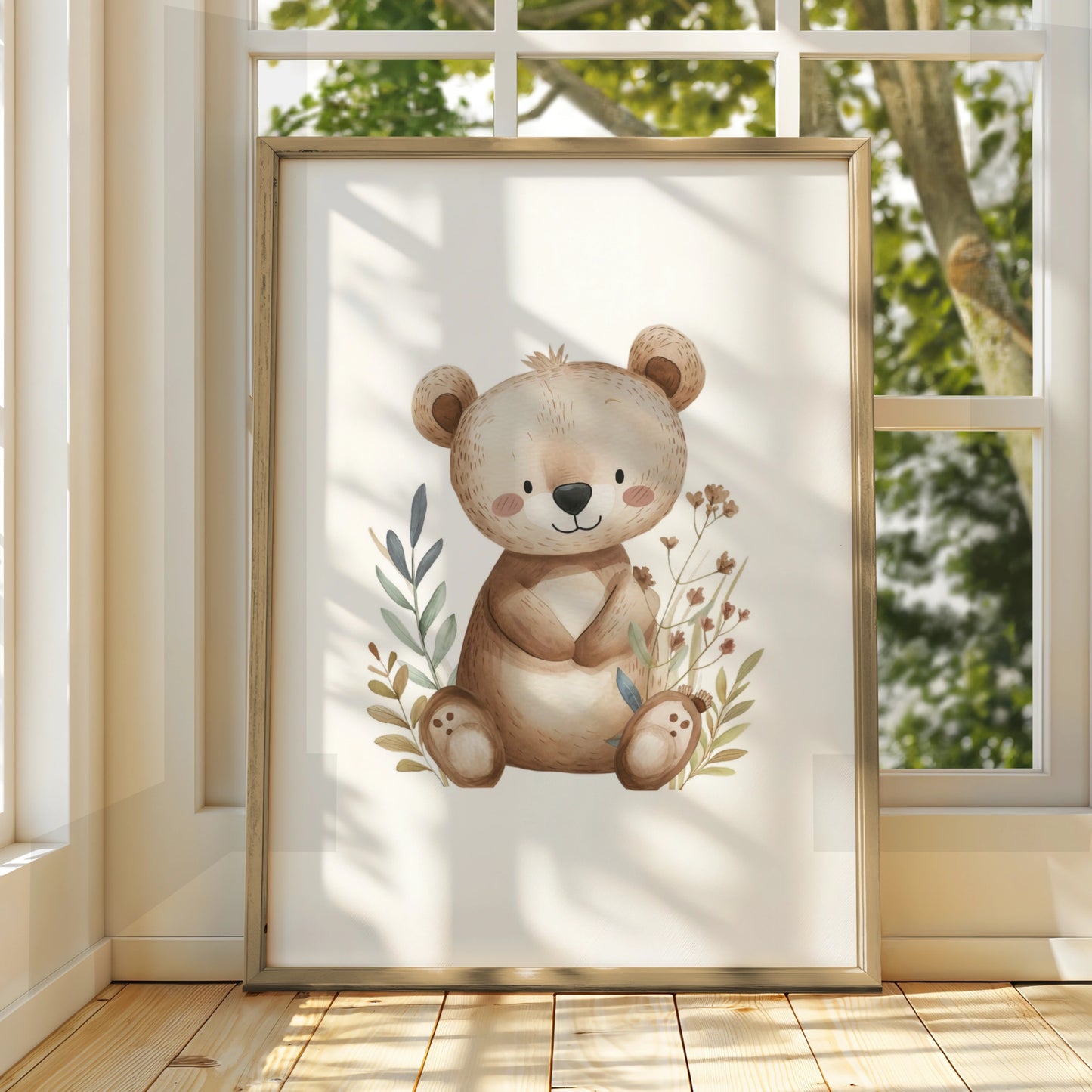 Nursery Wall Art Cute Bear Poster, Woodland Baby Room Decor, Boho Bear Print for Kids