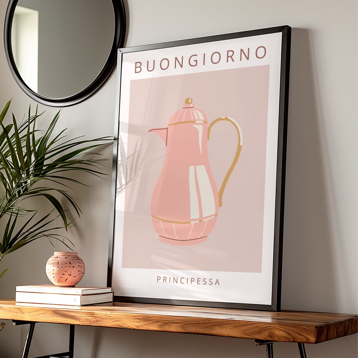 Buongiorno Principessa Coffee Pot Poster, Pink Kitchen Wall Art, Italian maximalist print