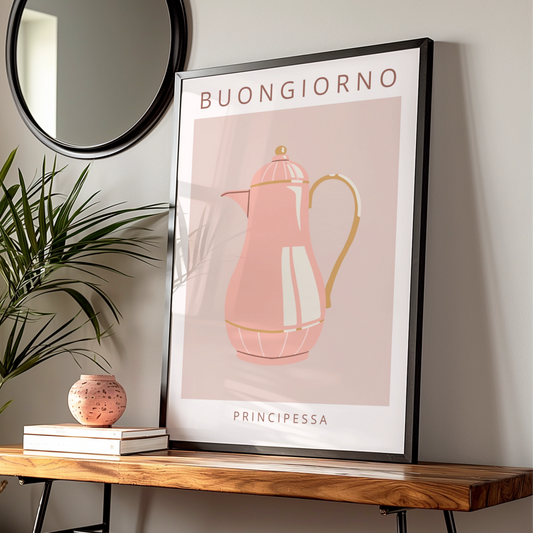 Buongiorno Principessa Coffee Pot Poster, Pink Kitchen Wall Art, Italian maximalist print