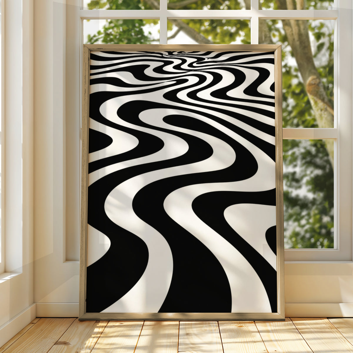 Monochrome Wave Abstract Poster, Black and White Optical Art Print, Modern Wall Decor