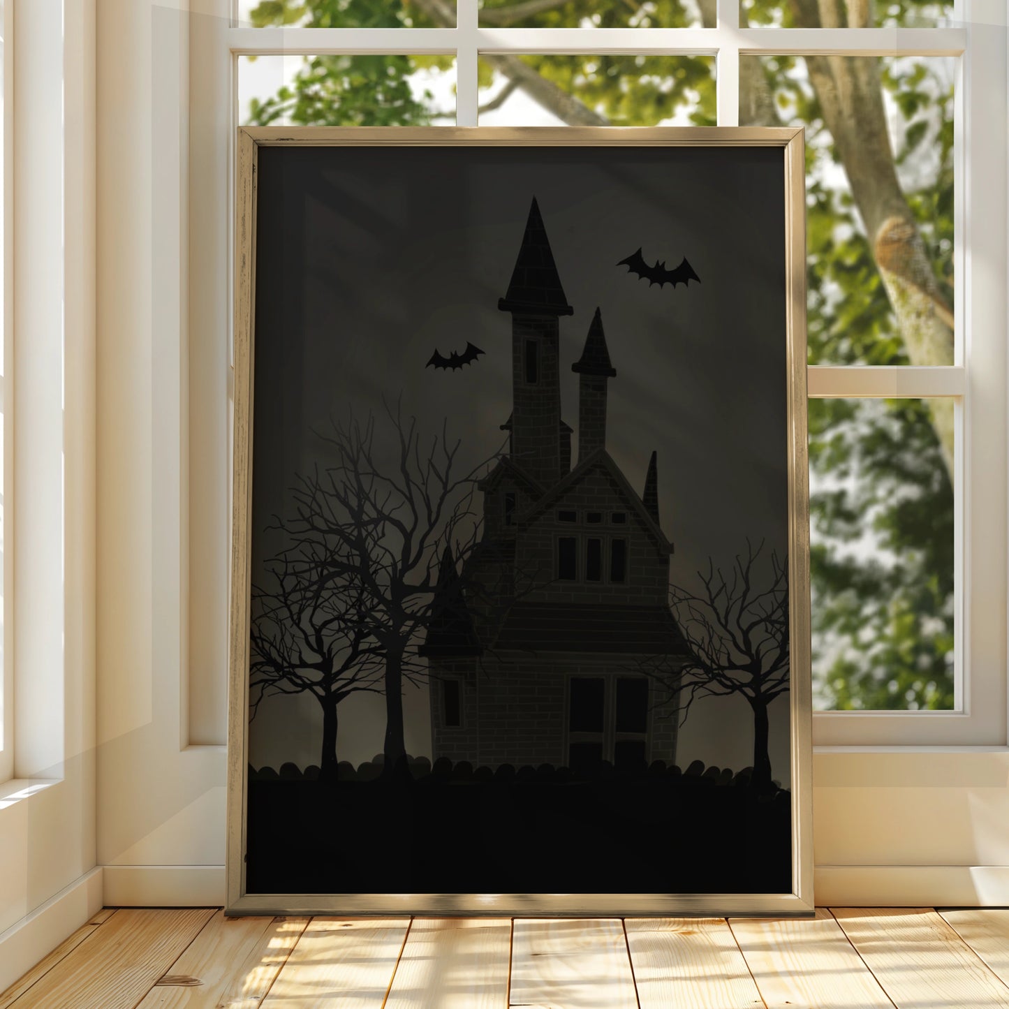Halloween Haunted House Poster, Spooky Bat Wall Art, Dark Gothic Horror Print, Creepy Home Decor
