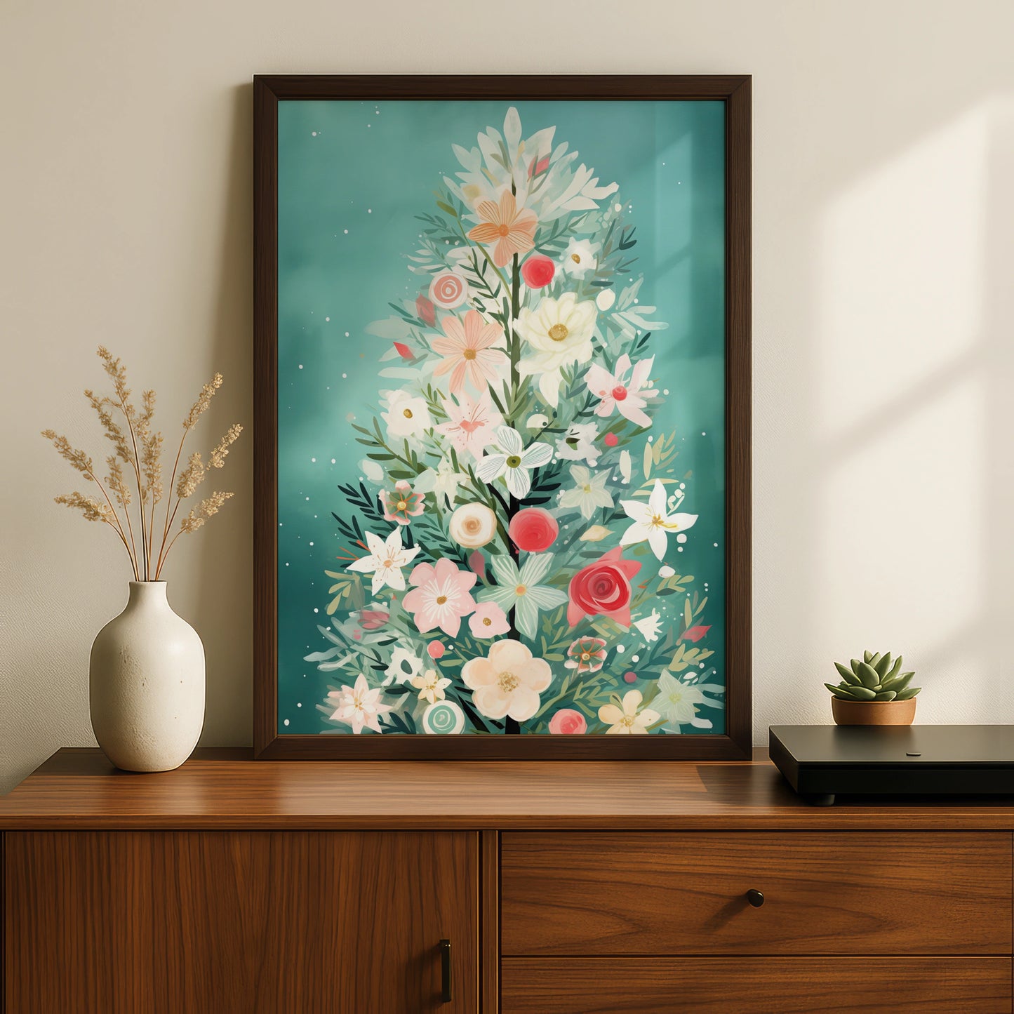 Floral Christmas Tree Poster, Botanical Xmas Wall Art, Pastel Teal Festive Print