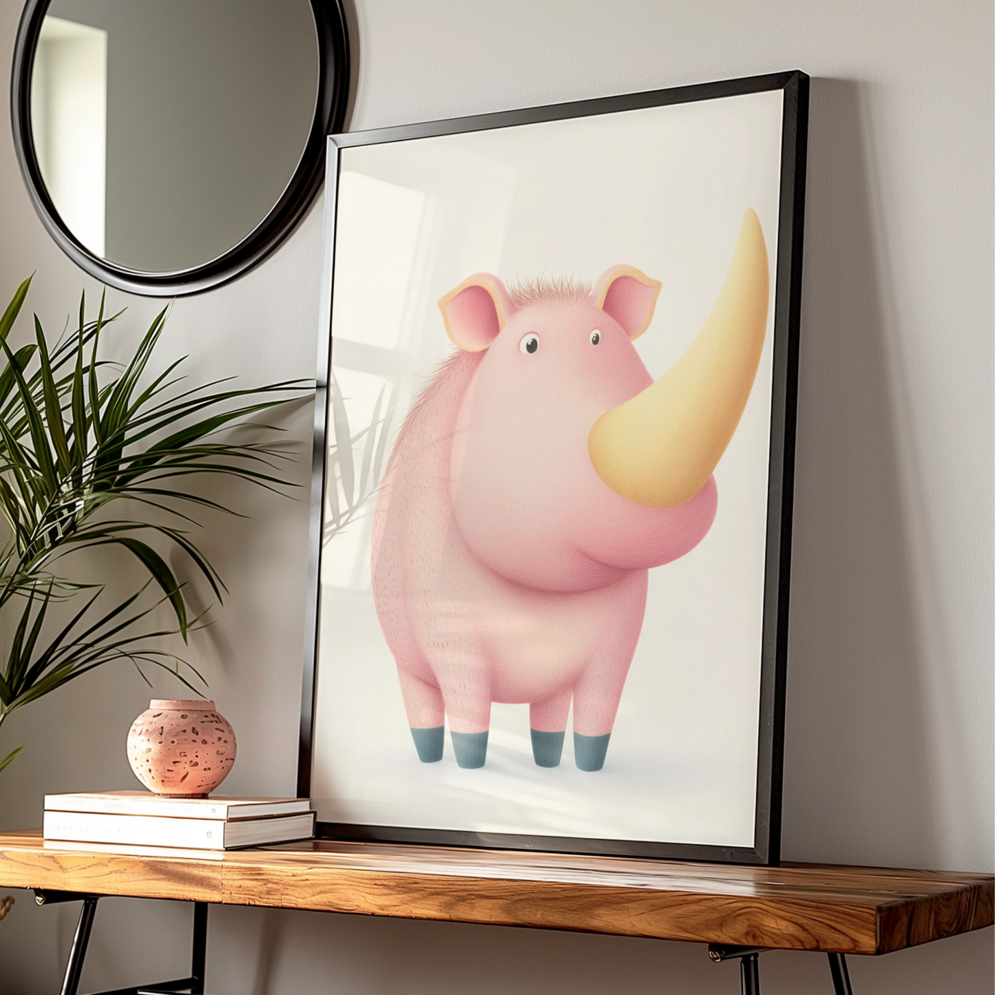 Cute Rhino Nursery Wall Art, Pink Rhinoceros Print, Children's Animal Poster, Kids Room Decor