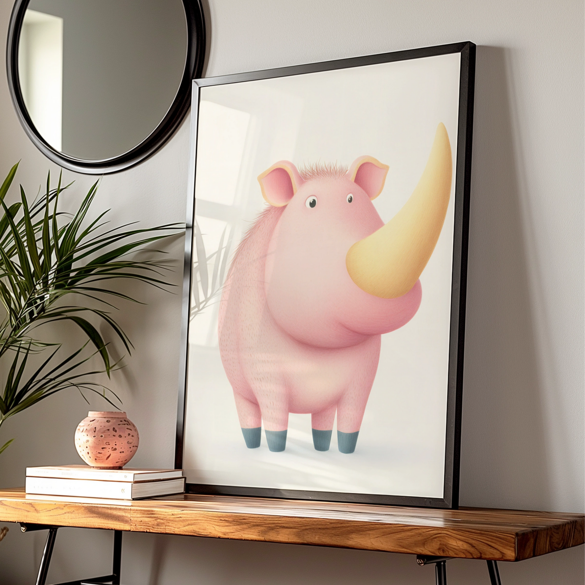 Cute Rhino Nursery Wall Art, Pink Rhinoceros Print, Children's Animal Poster, Kids Room Decor