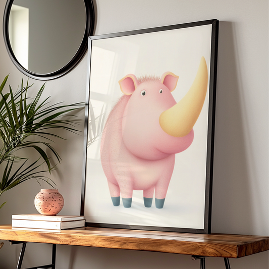 Cute Rhino Nursery Wall Art, Pink Rhinoceros Print, Children's Animal Poster, Kids Room Decor