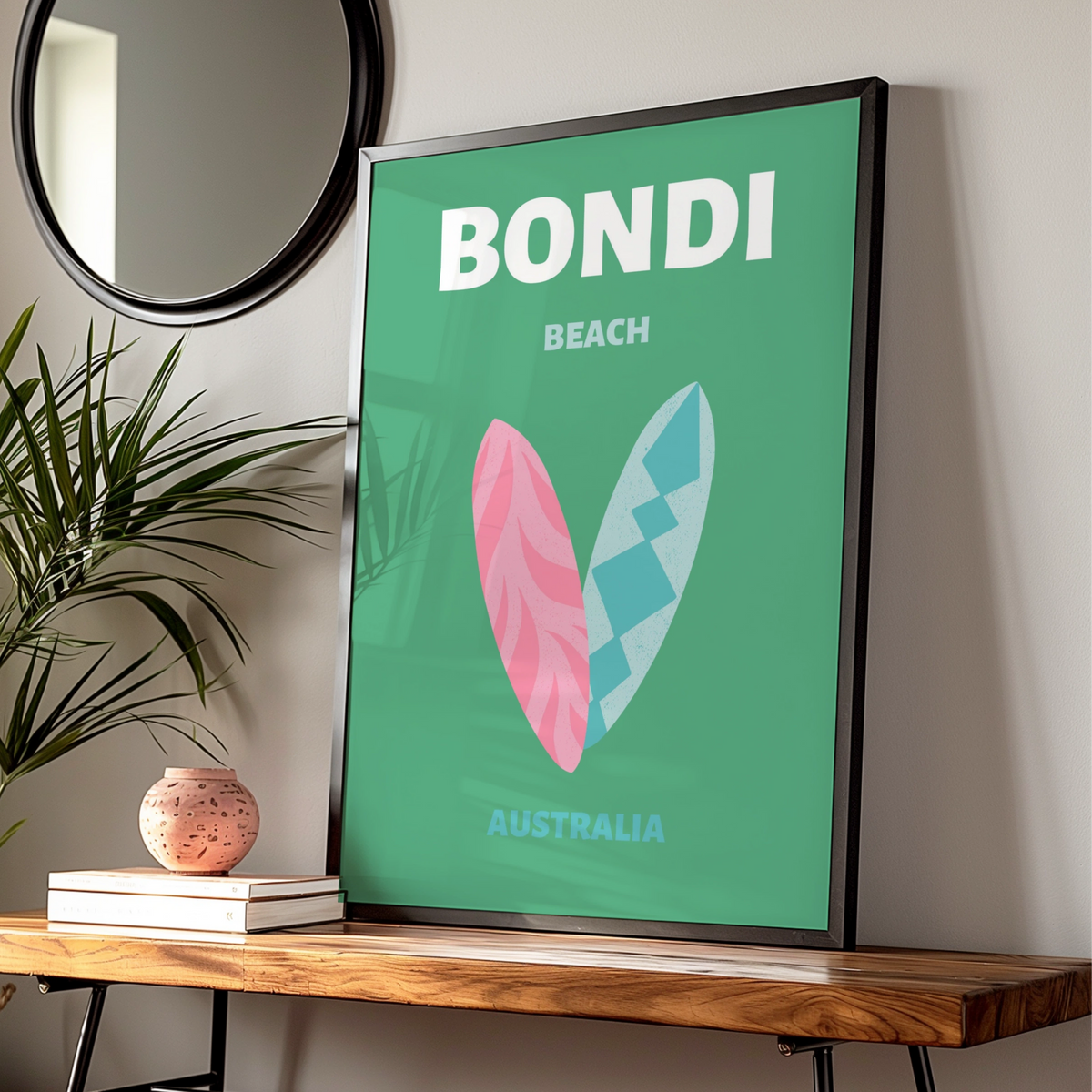 Bondi Beach Australia Travel Poster, Retro Surf Wall Art, Sydney Coastal Print