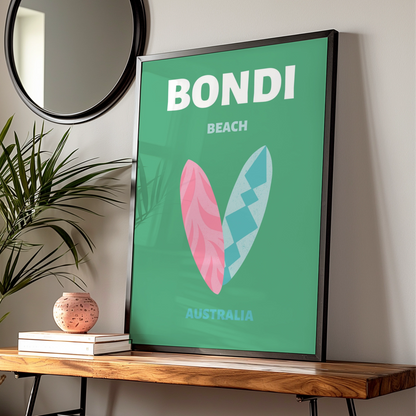 Bondi Beach Australia Travel Poster, Retro Surf Wall Art, Sydney Coastal Print