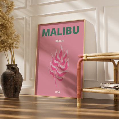 Malibu Beach Travel Poster, California USA Wall Art, Pink Retro Coastal Print