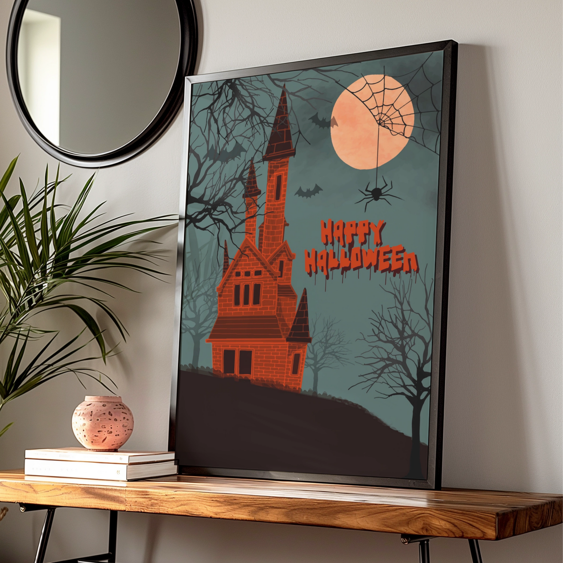 Happy Halloween Haunted House Poster, Spooky Castle Wall Art, Bats Full Moon Print