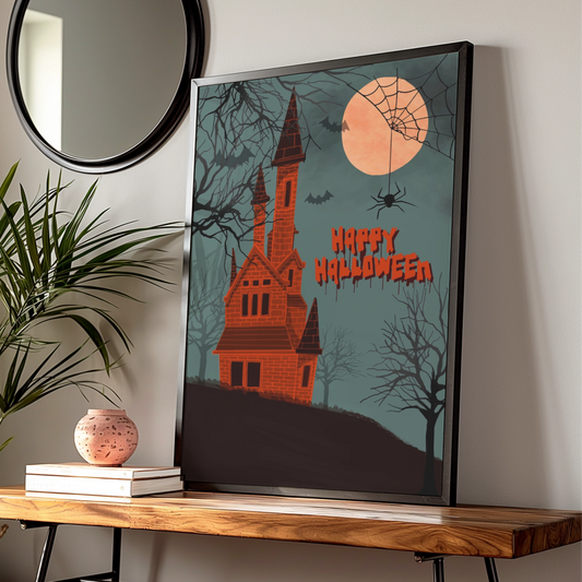 Happy Halloween Haunted House Poster, Spooky Castle Wall Art, Bats Full Moon Print