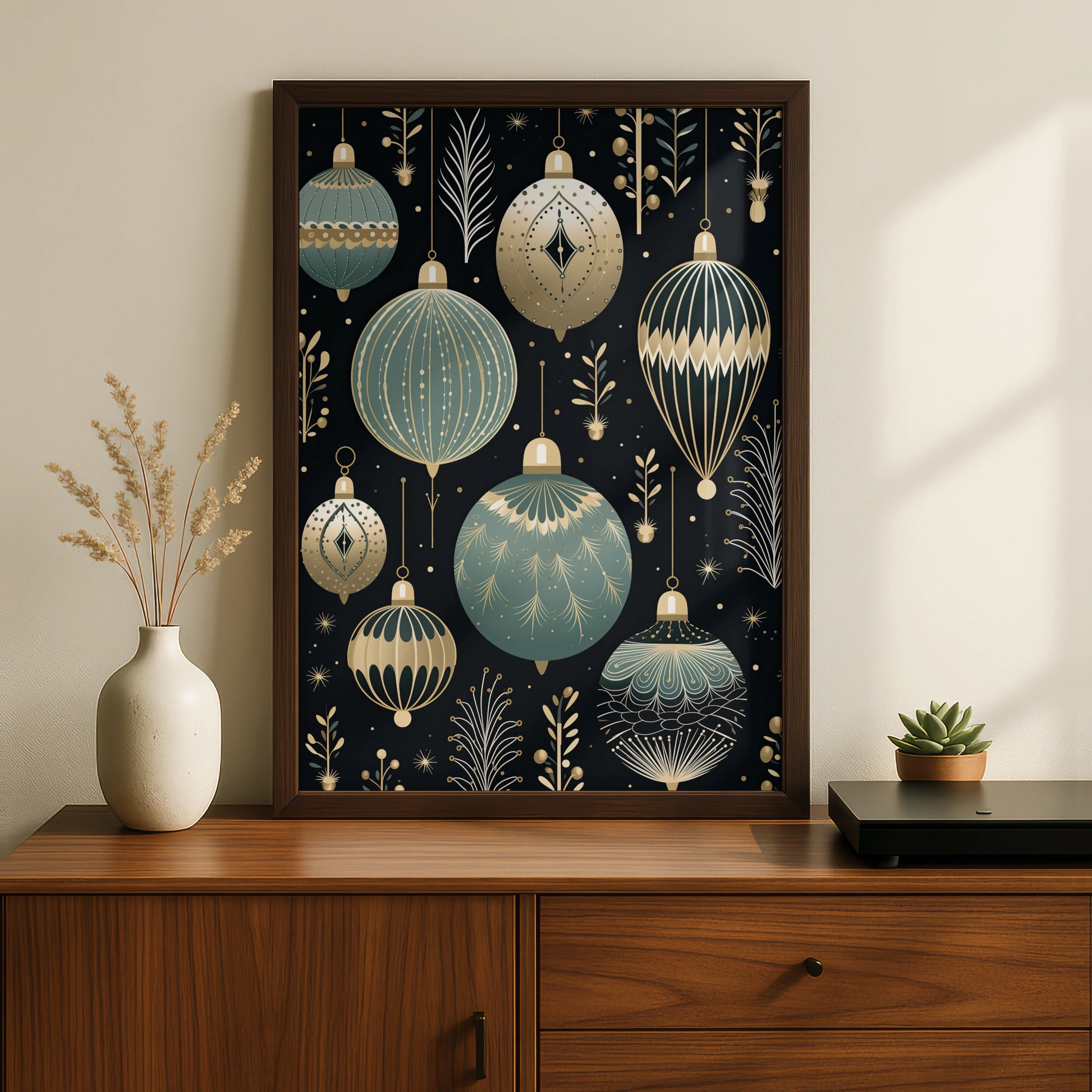 Christmas Baubles Poster, Art Deco Ornaments Wall Art, Teal Gold Black Festive Print