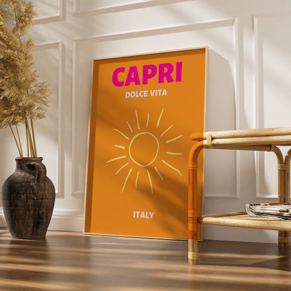 Capri Italy Travel Poster, Retro Sun Wall Art, Italian Holiday Print, Dolce Vita Decor