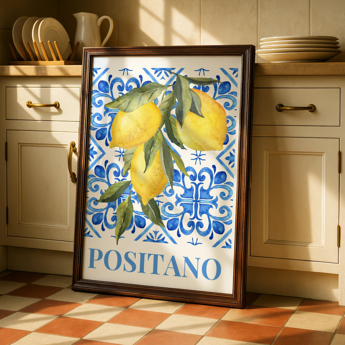 Positano Lemon Maximalist Poster, Italian Amalfi Coast Wall Art, Blue Tile Print