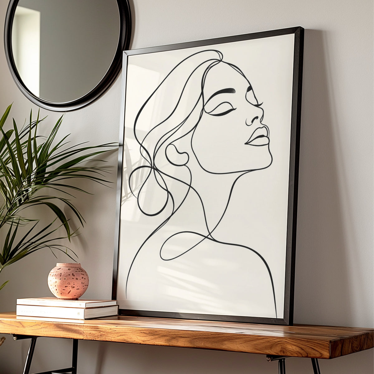 Woman Line Art Print, Monochrome Wall Art, Minimalist Female Portrait, Black and White Poster