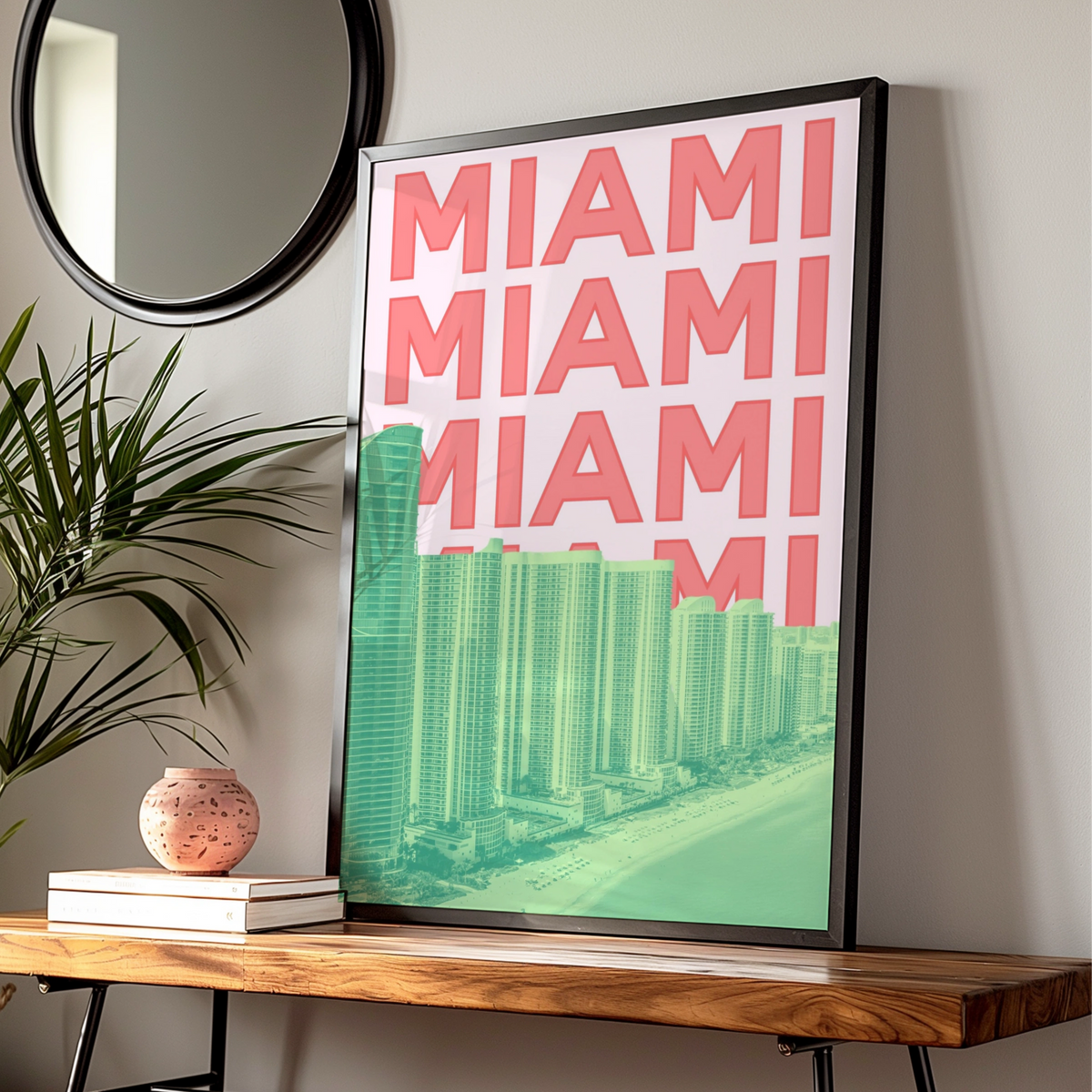 Miami Travel Poster, Florida Retro Wall Art, City Print, Pink Green Bold Typography Decor
