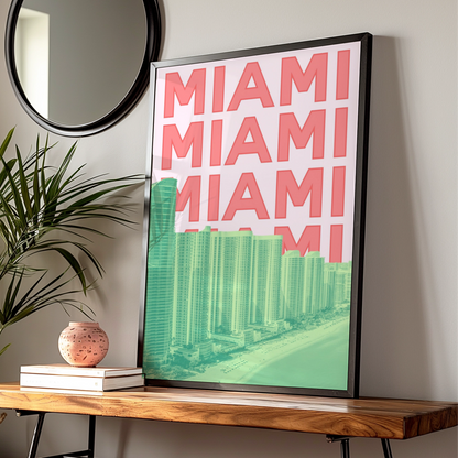Miami Travel Poster, Florida Retro Wall Art, City Print, Pink Green Bold Typography Decor