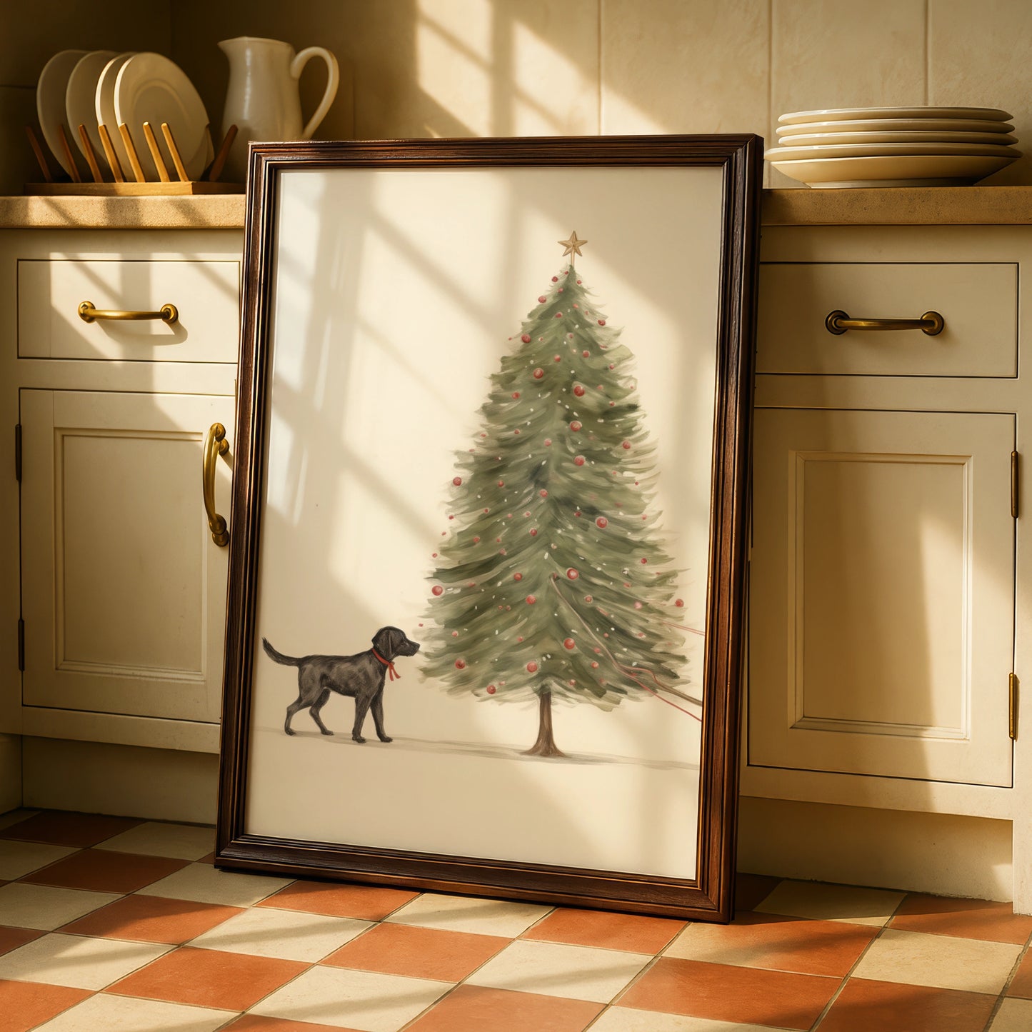 Black Labrador Christmas Poster, Dog Christmas Tree Wall Art, Festive Dog Print