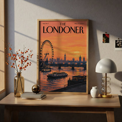London Skyline Sunset Poster, Thames River Wall Art, Retro Magazine Cover Art Print, Orange Decor