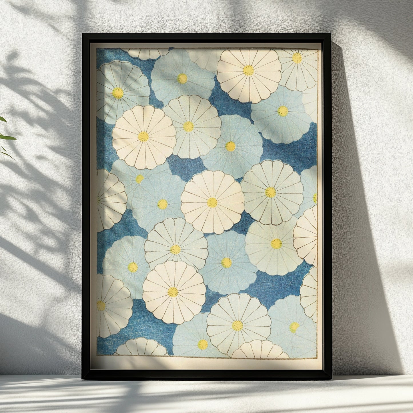 Japanese Botanical Print, Vintage Floral Woodblock Wall Art, Blue Chrysanthemum Japandi Poster – A4 Black frame