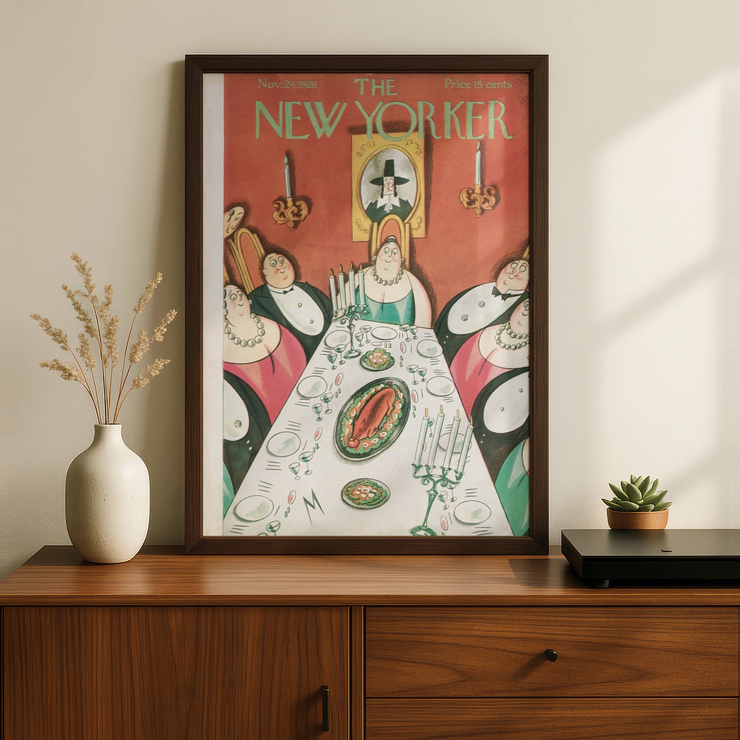 New Yorker 1928 Thanksgiving Dinner Party Cover Art Poster, Vintage Illustration Print