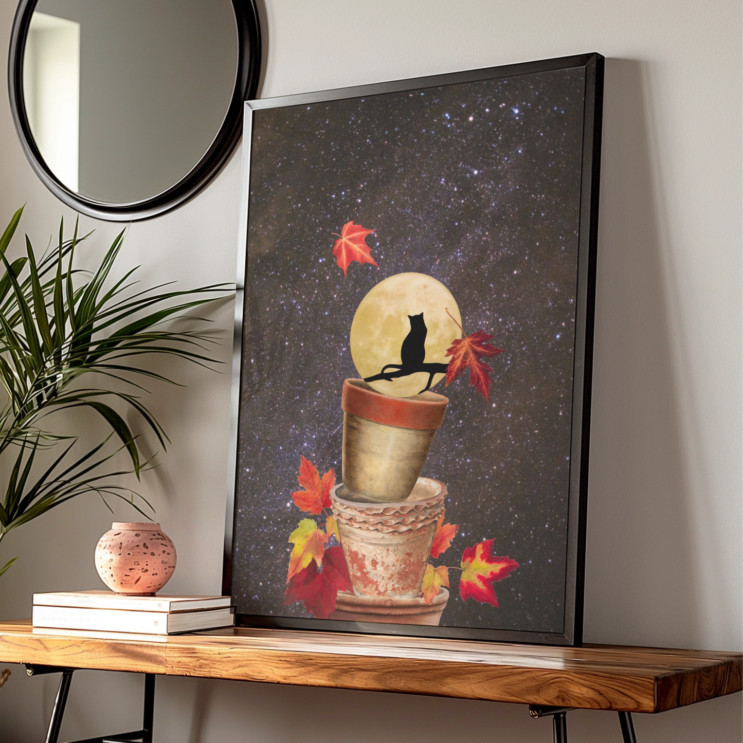 Halloween Black Cat Full Moon Poster, Autumn Leaves Night Sky Wall Art Print
