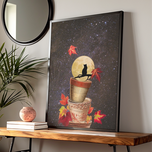 Halloween Black Cat Full Moon Poster, Autumn Leaves Night Sky Wall Art Print