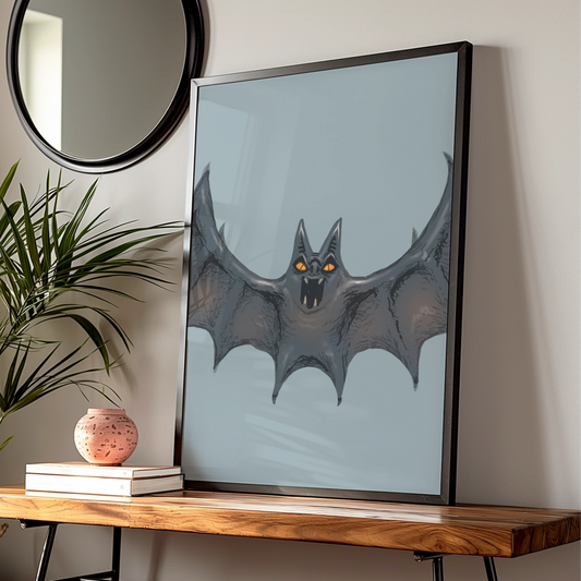 Halloween Bat Wall Art, Spooky Black Bat Poster, Gothic Horror Print, Dark Grey Orange Eyes