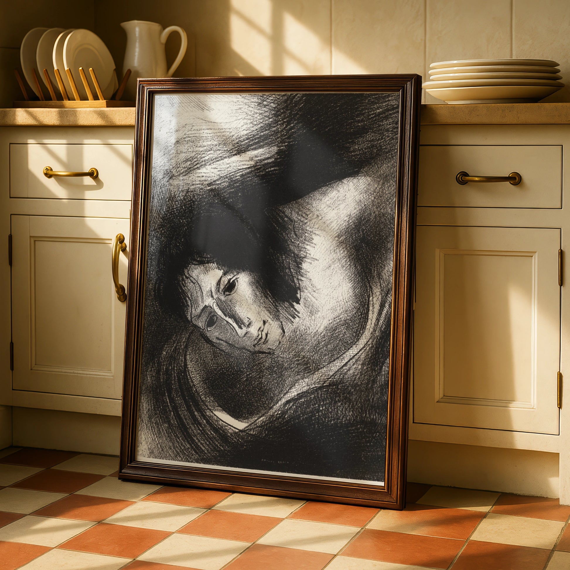 Halloween Gothic Face Art Print, Dark Surreal Poster, Odilon Redon Style, Black White Spooky Wall