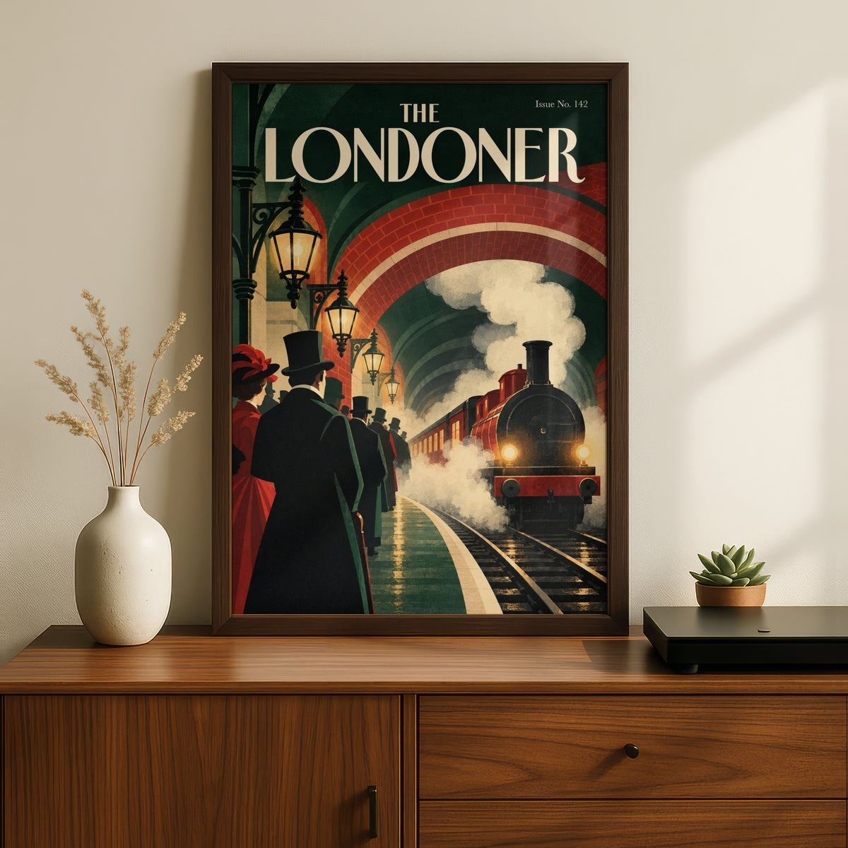 Vintage London Steam Train Poster, Victorian Railway Station Wall Art, Retro Travel Art Print