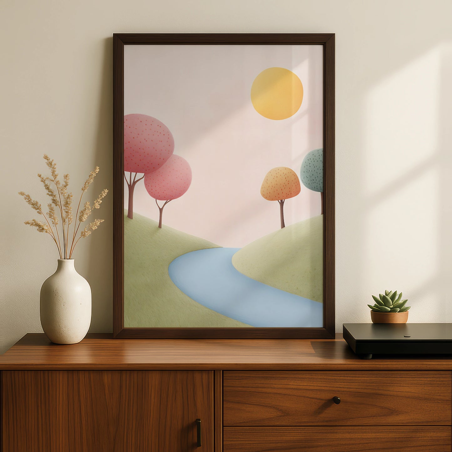 Nursery Wall Art Pastel Landscape Print, Colourful Trees River Sun Kids Room Poster