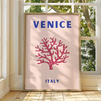 Venice Italy Travel Poster, Retro Coral Wall Art, Italian City Print, Pink Blue Home Decor