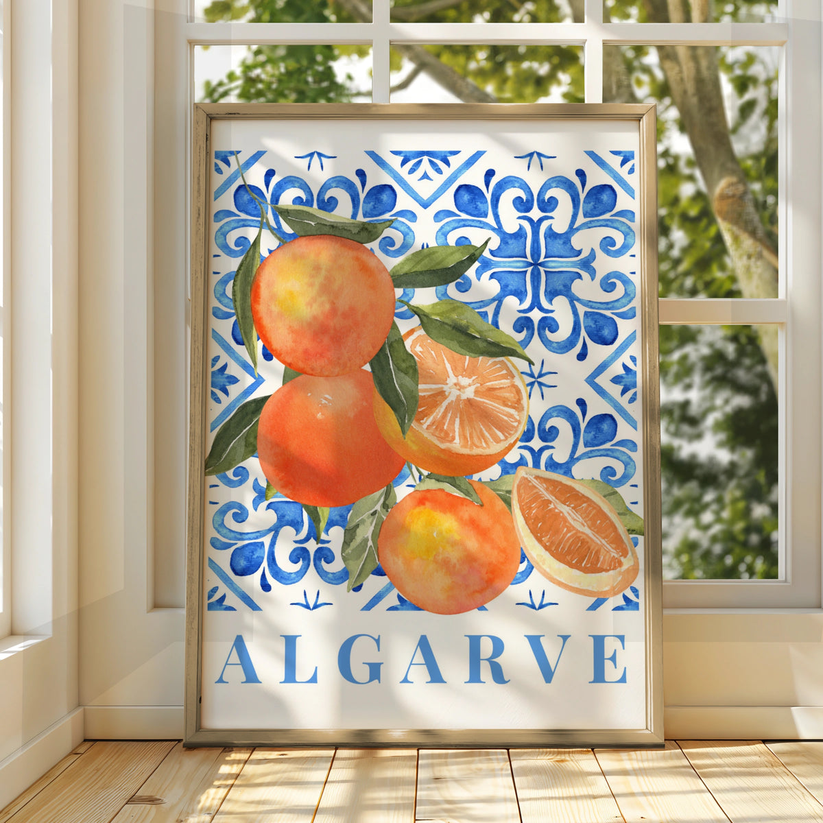Algarve Orange Maximalist Poster, Portuguese Tile Wall Art, Blue Kitchen Print