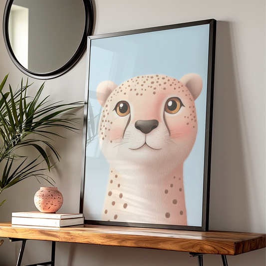Cute Cheetah Nursery Wall Art, Baby Animal Print, Safari Kids Room Poster, Blue