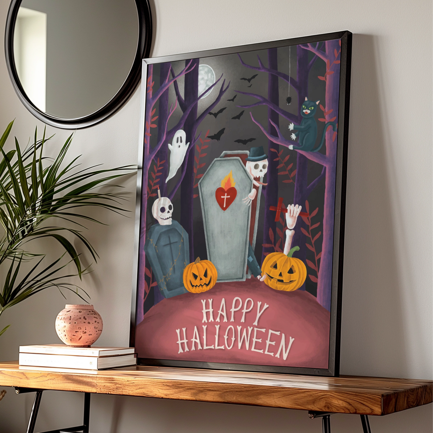 Happy Halloween Poster, Spooky Graveyard Wall Art, Ghost Skeleton Pumpkin Print, Gothic Decor