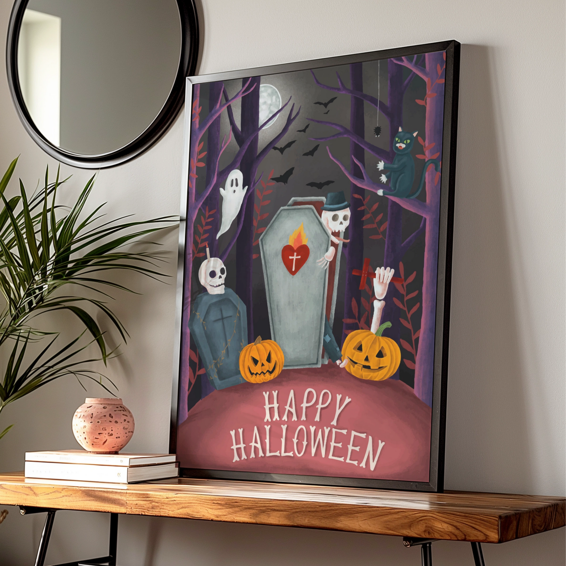 Happy Halloween Poster, Spooky Graveyard Wall Art, Ghost Skeleton Pumpkin Print, Gothic Decor