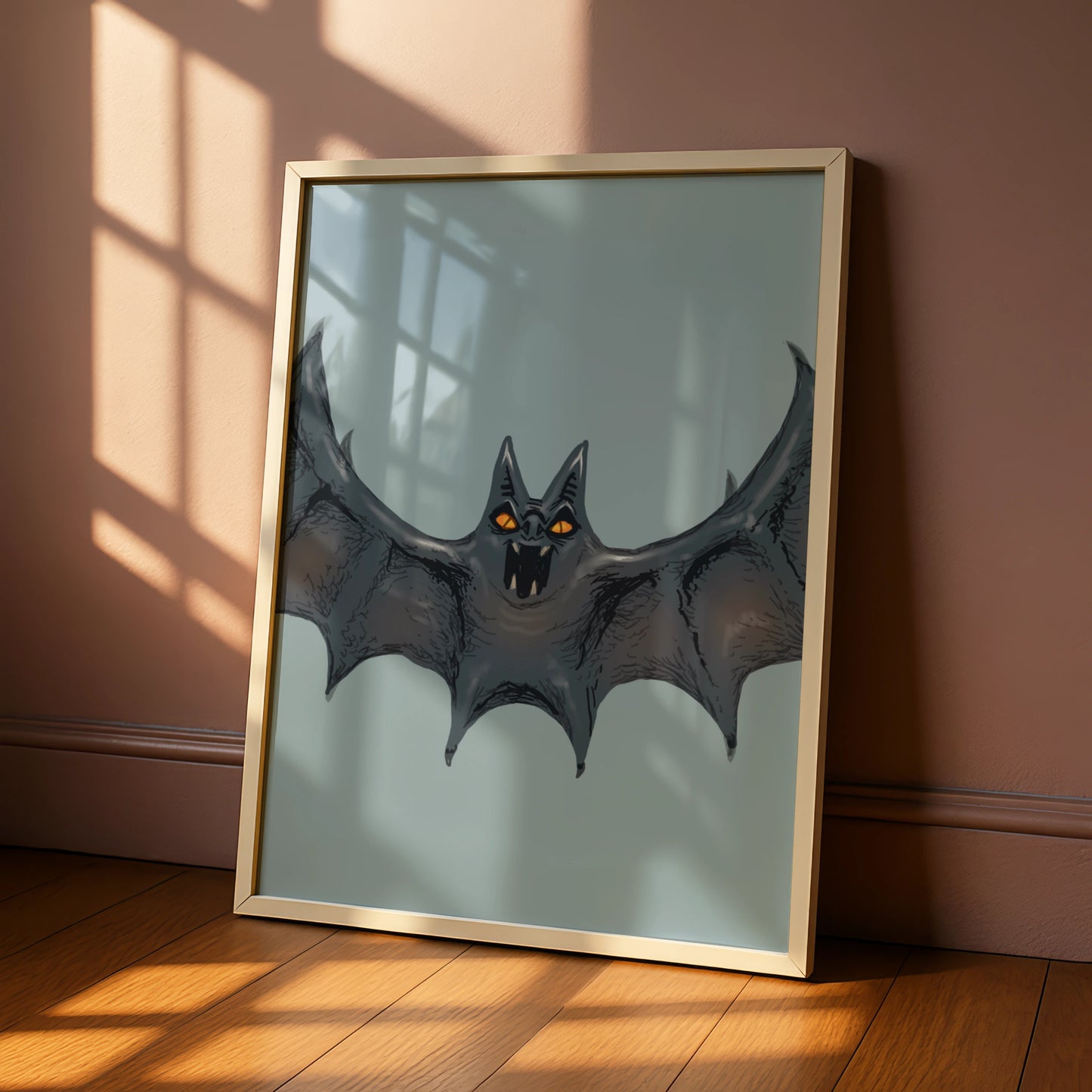 Halloween Bat Wall Art, Spooky Bat Poster, Gothic Horror Print, Orange Eyes Dark Creature