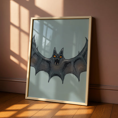 Halloween Bat Wall Art, Spooky Bat Poster, Gothic Horror Print, Orange Eyes Dark Creature