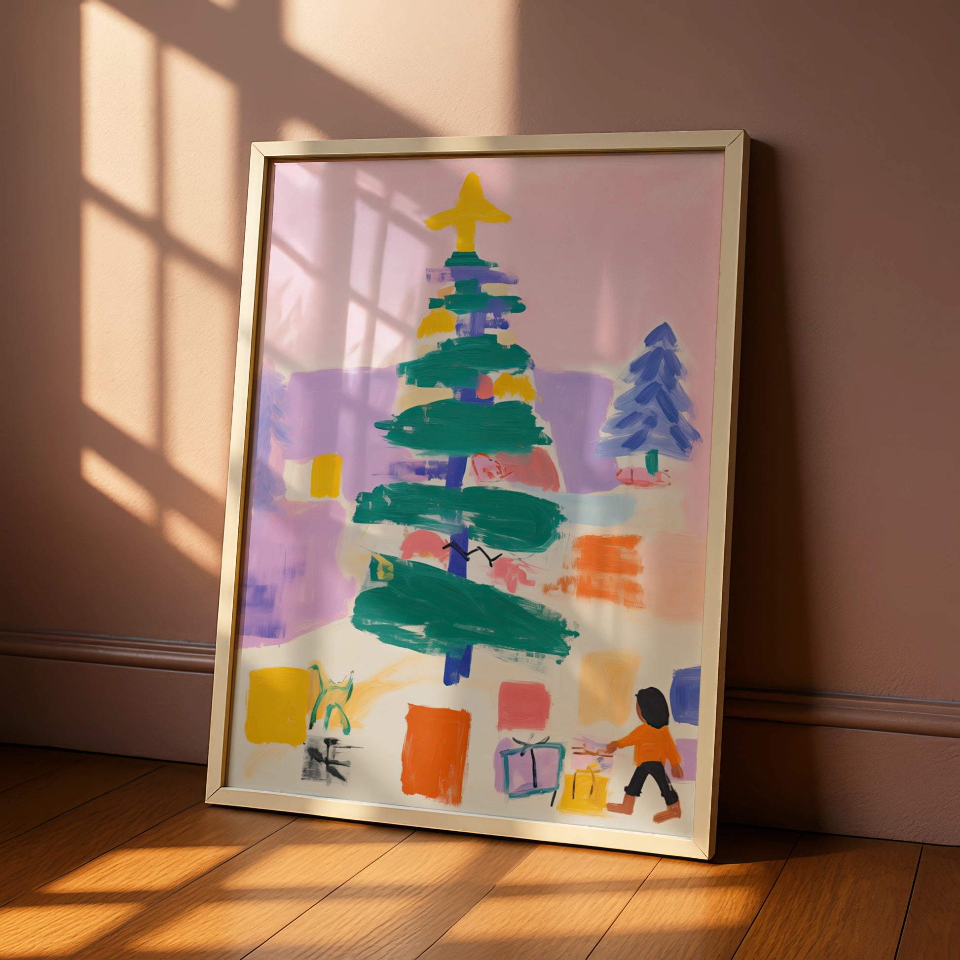 Christmas Tree Poster, Colourful Abstract Xmas Wall Art, Festive Holiday Print for Kids Room