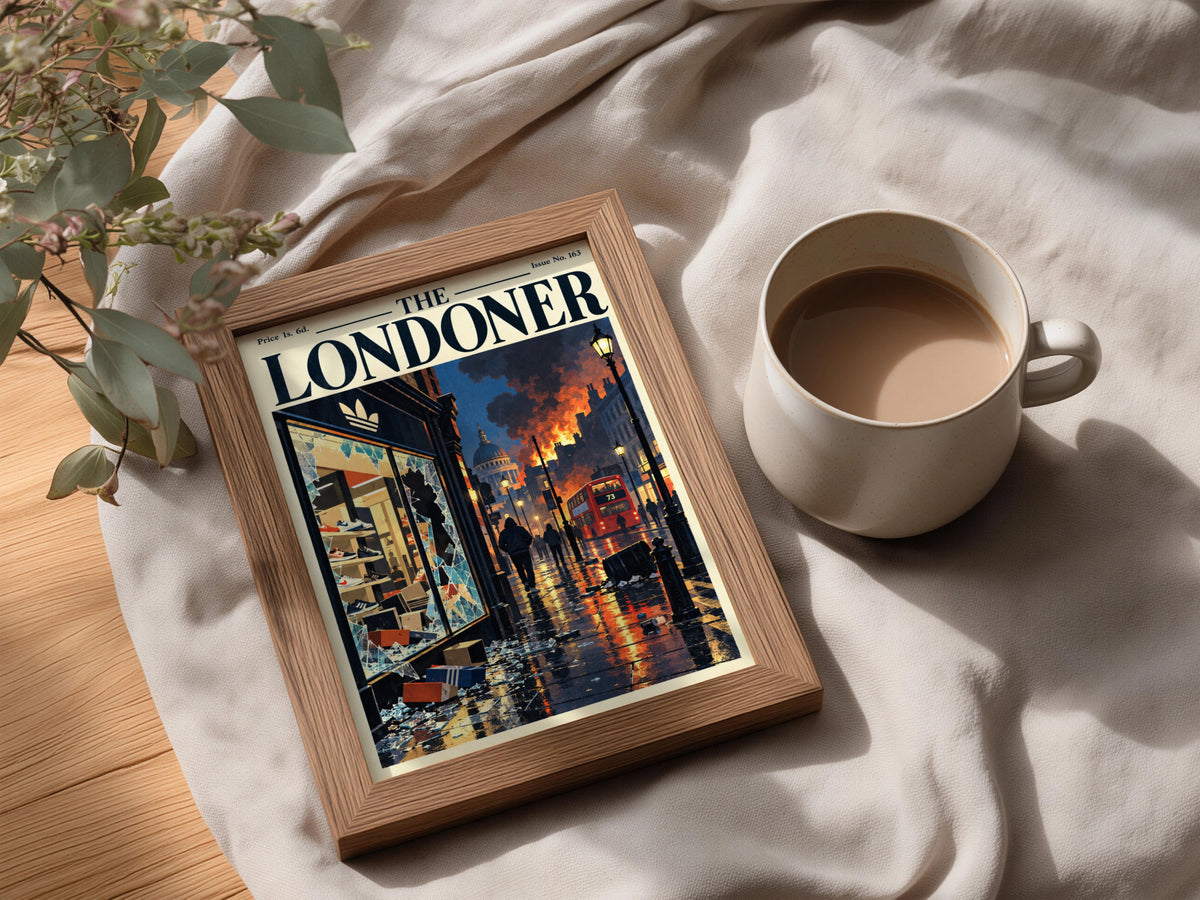 The Londoner Poster, London Street Riot Scene, Red Bus Night, Vintage Magazine Cover Wall Art Print