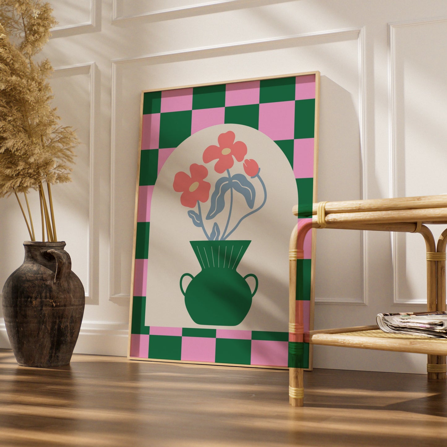 Maximalist Floral Vase Poster, Bold Checkerboard Wall Art, Pink Green Flower Print