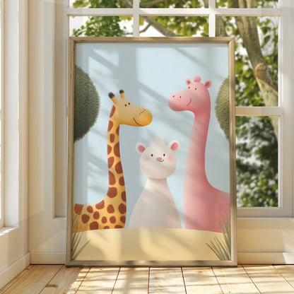 Cute Giraffe Nursery Wall Art, Baby Animal Poster, Safari Friends Print for Kids Room