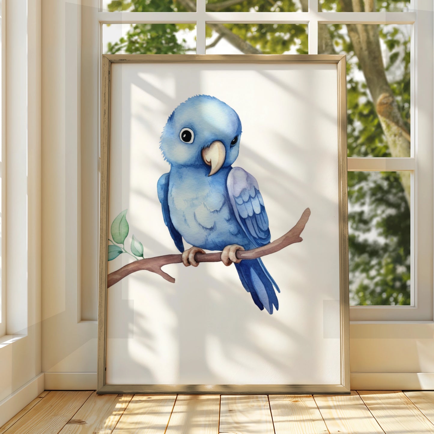 Blue Parrot Nursery Wall Art, Watercolour Bird Print, Baby Boy Room Poster Decor