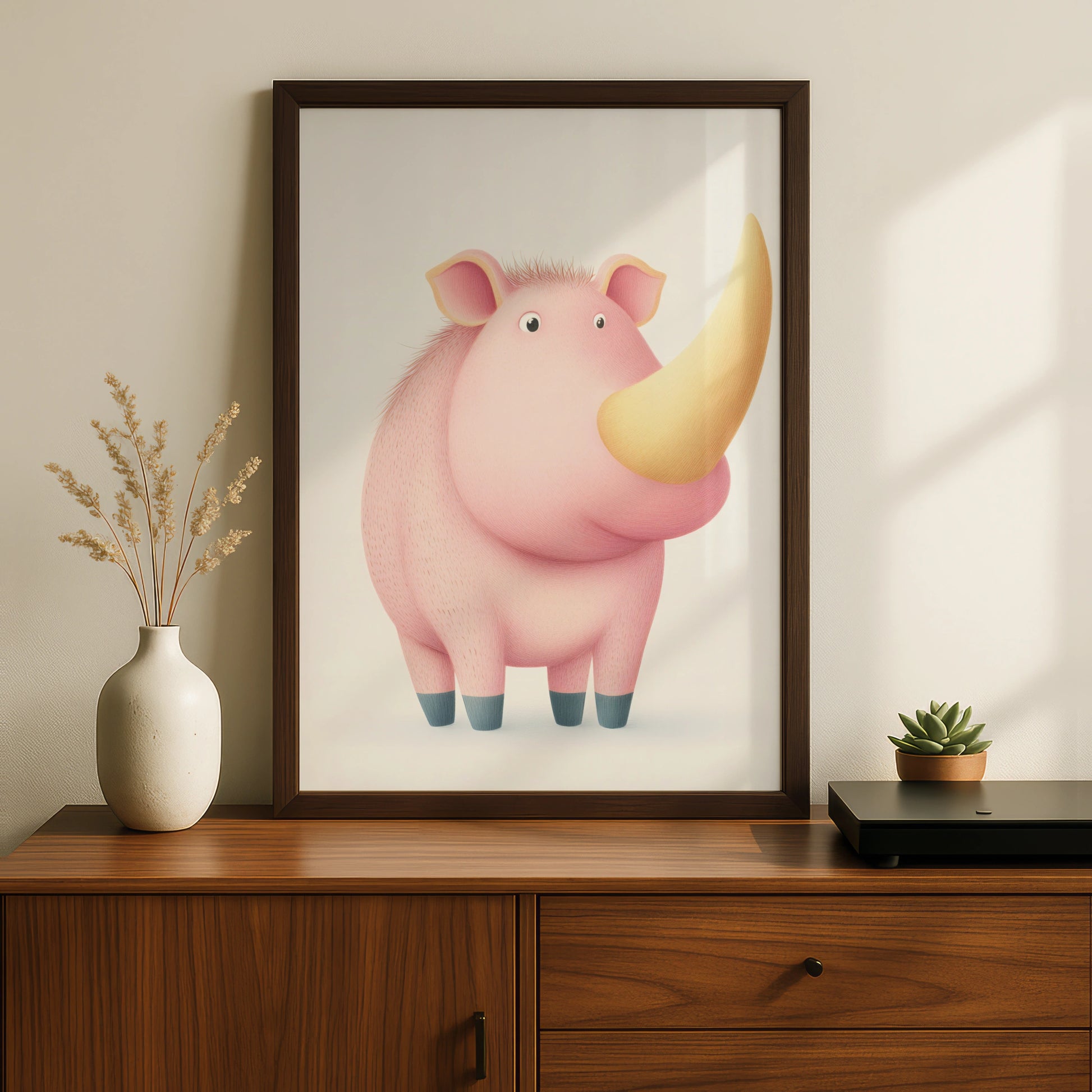 Cute Rhino Nursery Wall Art, Pink Rhinoceros Print, Children's Animal Poster, Kids Room Decor