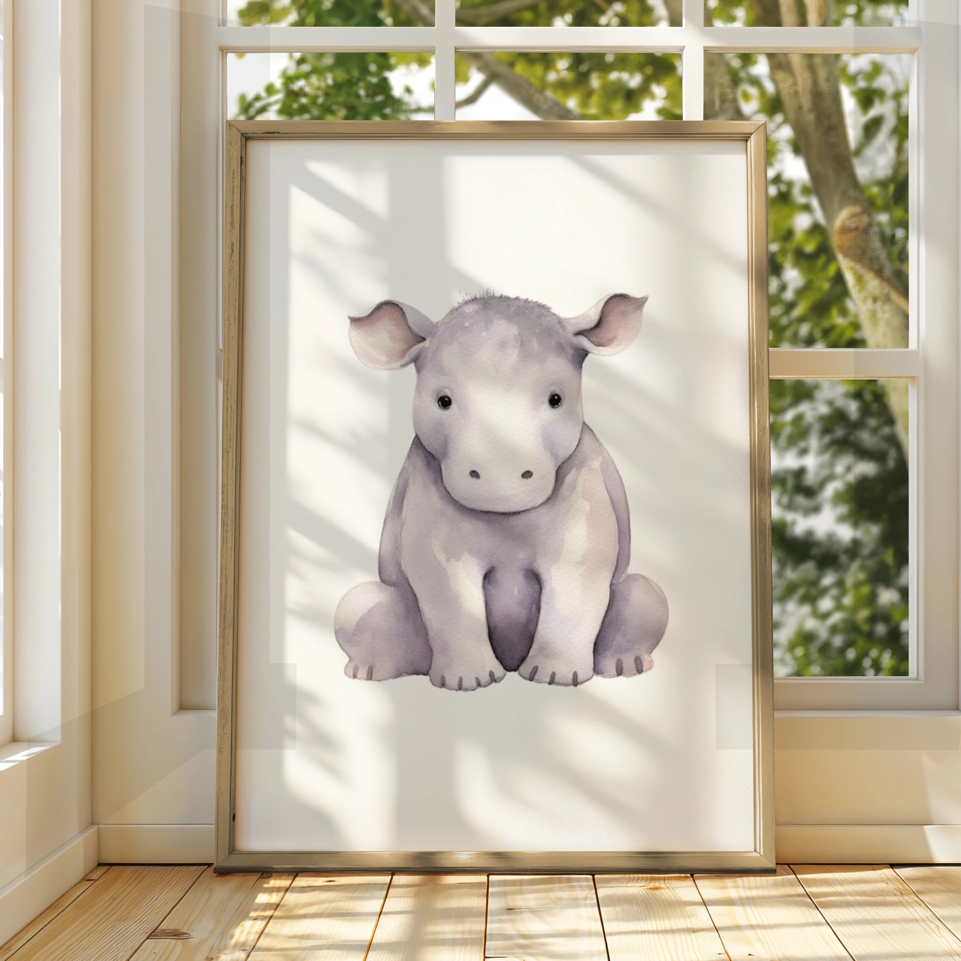 Baby Hippo Nursery Wall Art, Cute Watercolour Hippopotamus Print, Safari Animal Poster