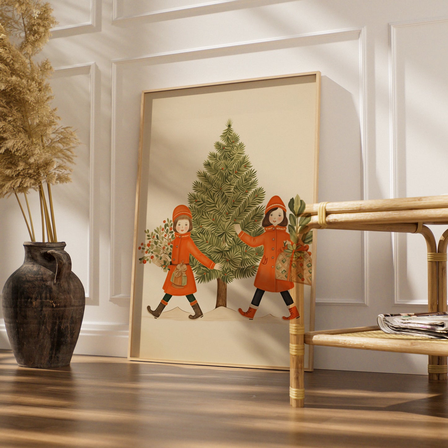 Vintage Christmas Poster, Retro Girls Christmas Tree Print, Festive Holiday Wall Art