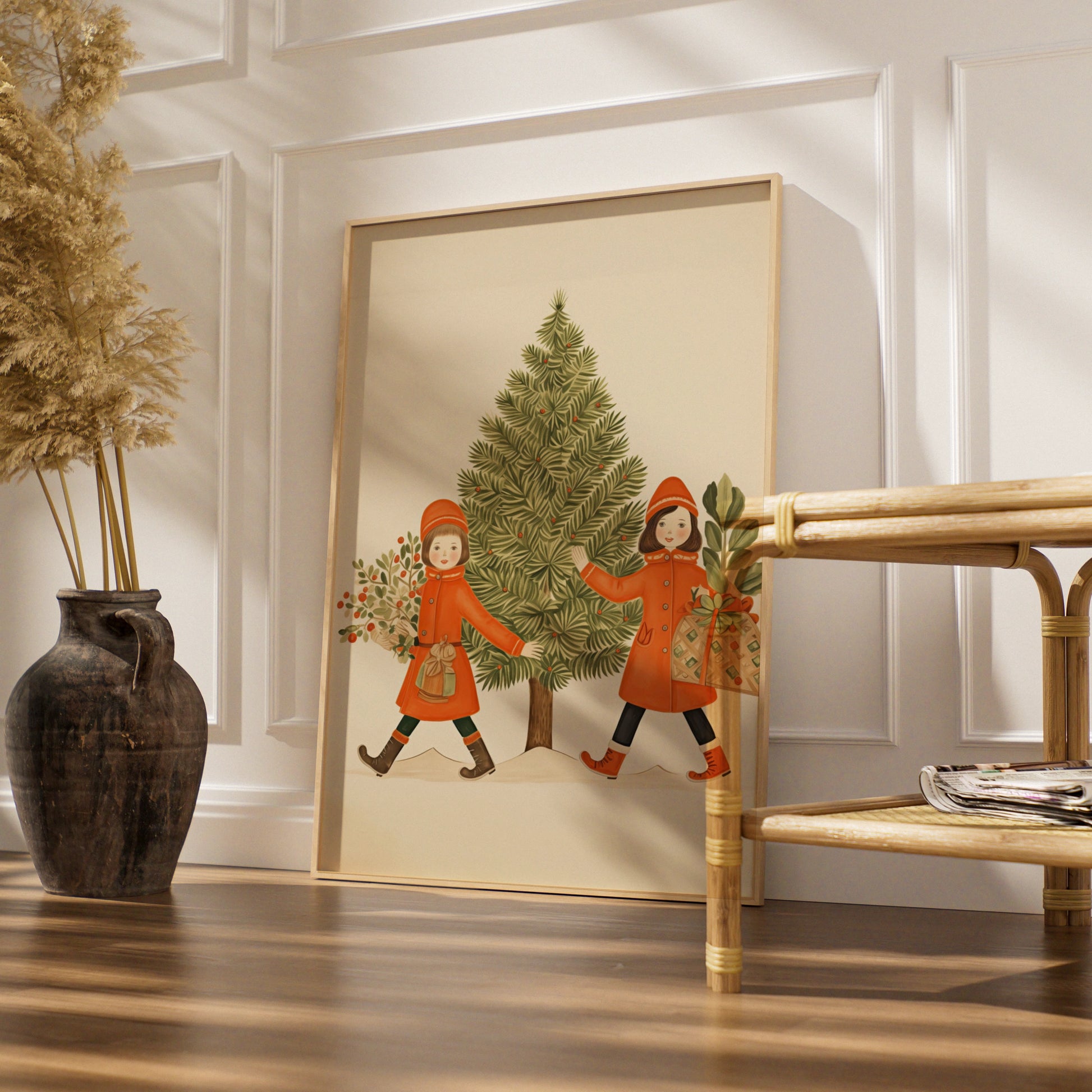 Vintage Christmas Poster, Retro Girls Christmas Tree Print, Festive Holiday Wall Art