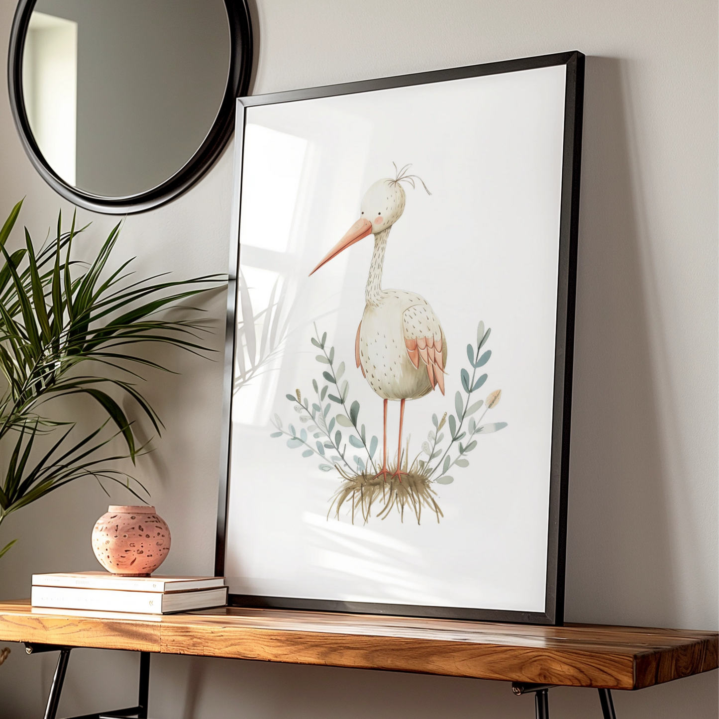 Stork Nursery Wall Art, Cute Bird Print, Baby Room Poster, Boho Neutral Decor