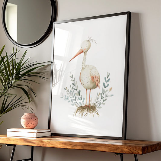 Stork Nursery Wall Art, Cute Bird Print, Baby Room Poster, Boho Neutral Decor