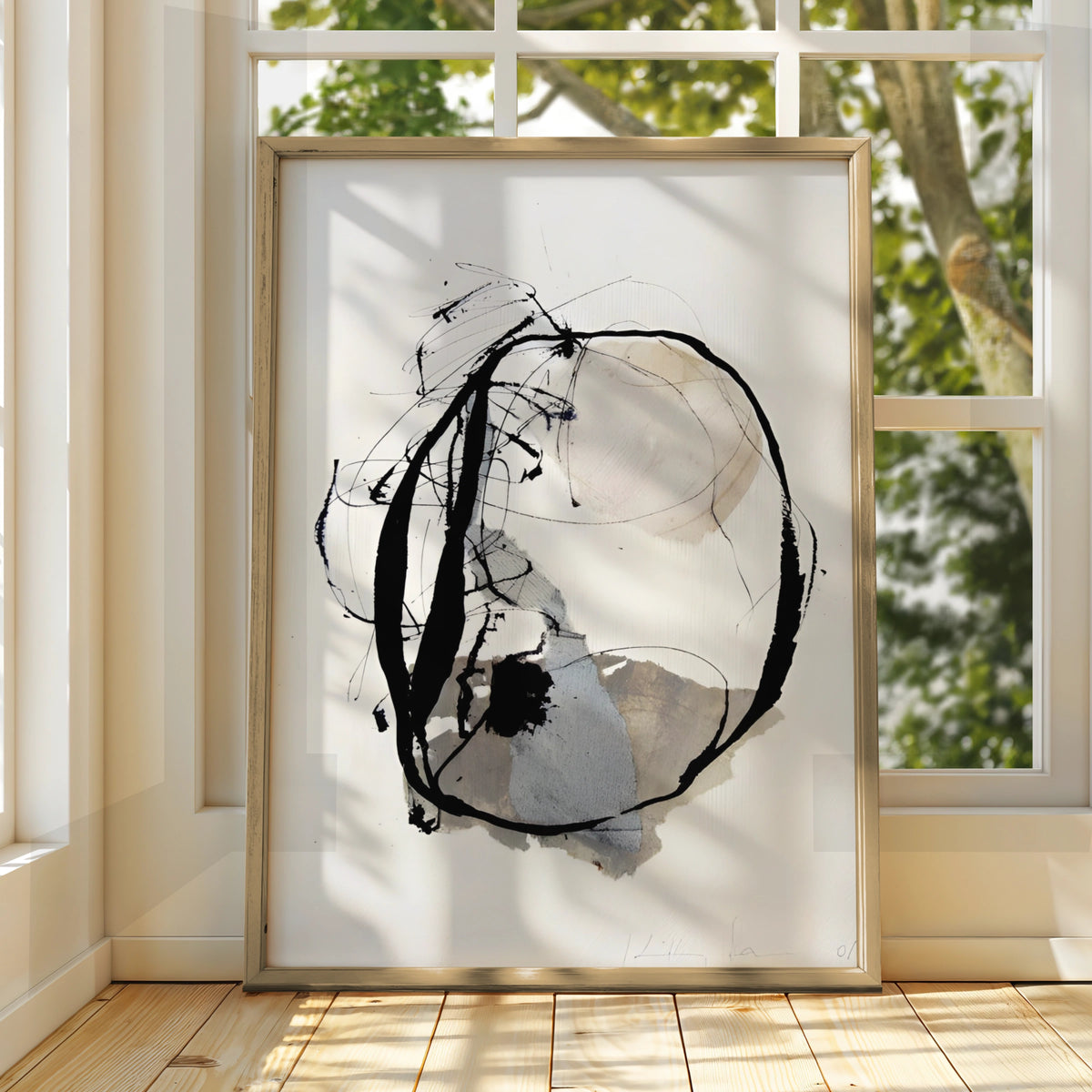 Modern Monochrome Abstract Print, Black White Ink Circle Art, Minimalist Wall Decor Poster
